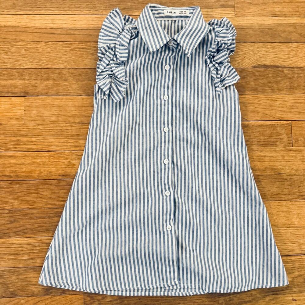 SHEIN blue white stripe ruffle sleeve button front dress youth size 5
b44